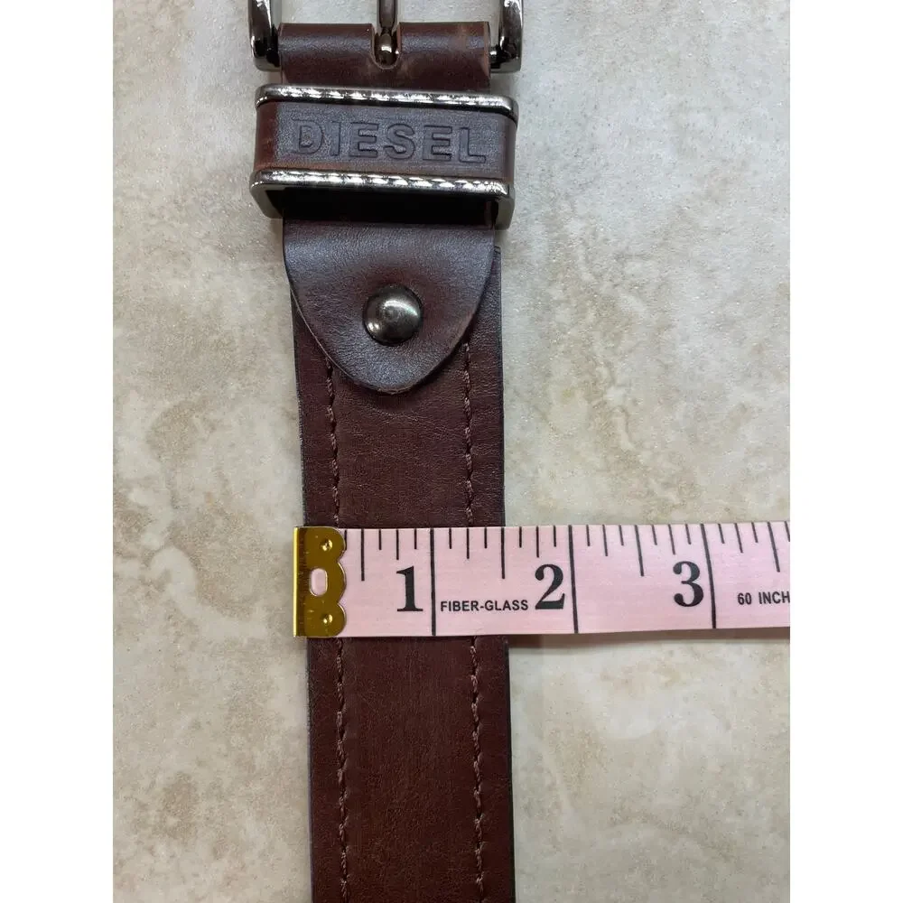 Diesel Belt M Brown Leather Silver Buckle Logo Embossed Casual Everyday